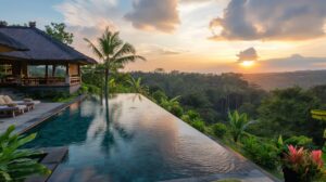 Viajes de novios. Alojamiento privado Indonesia. Villa en Bali con piscina infinita y privada y vistas a la selva tropical.