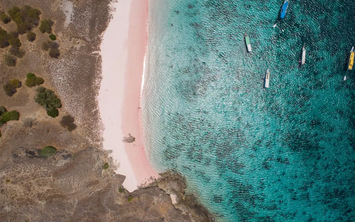 Vista aérea de Pink Beach en el Parque Nacional de Komodo