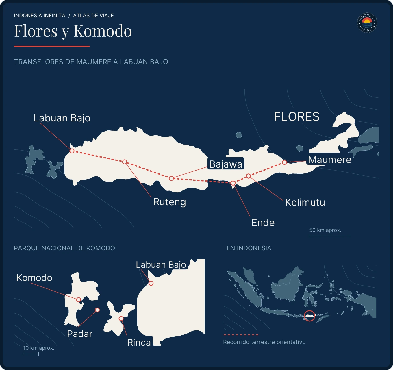 Mapa de la ruta Transflores de Maumere a Labuan Bajo por Kelimutu, Ende, Bajawa y Ruteng, con Komodo, Padar y Rinca