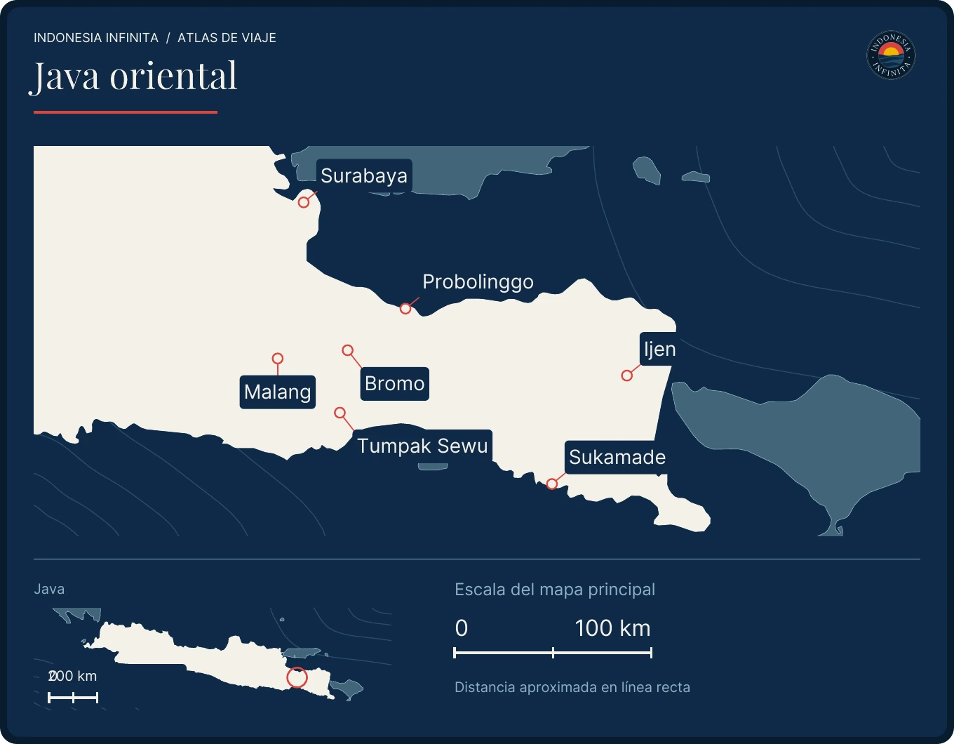 Mapa de Java oriental. Surabaya, Malang, Probolinggo, Bromo, Tumpak Sewu, Ijen, Sukamade.