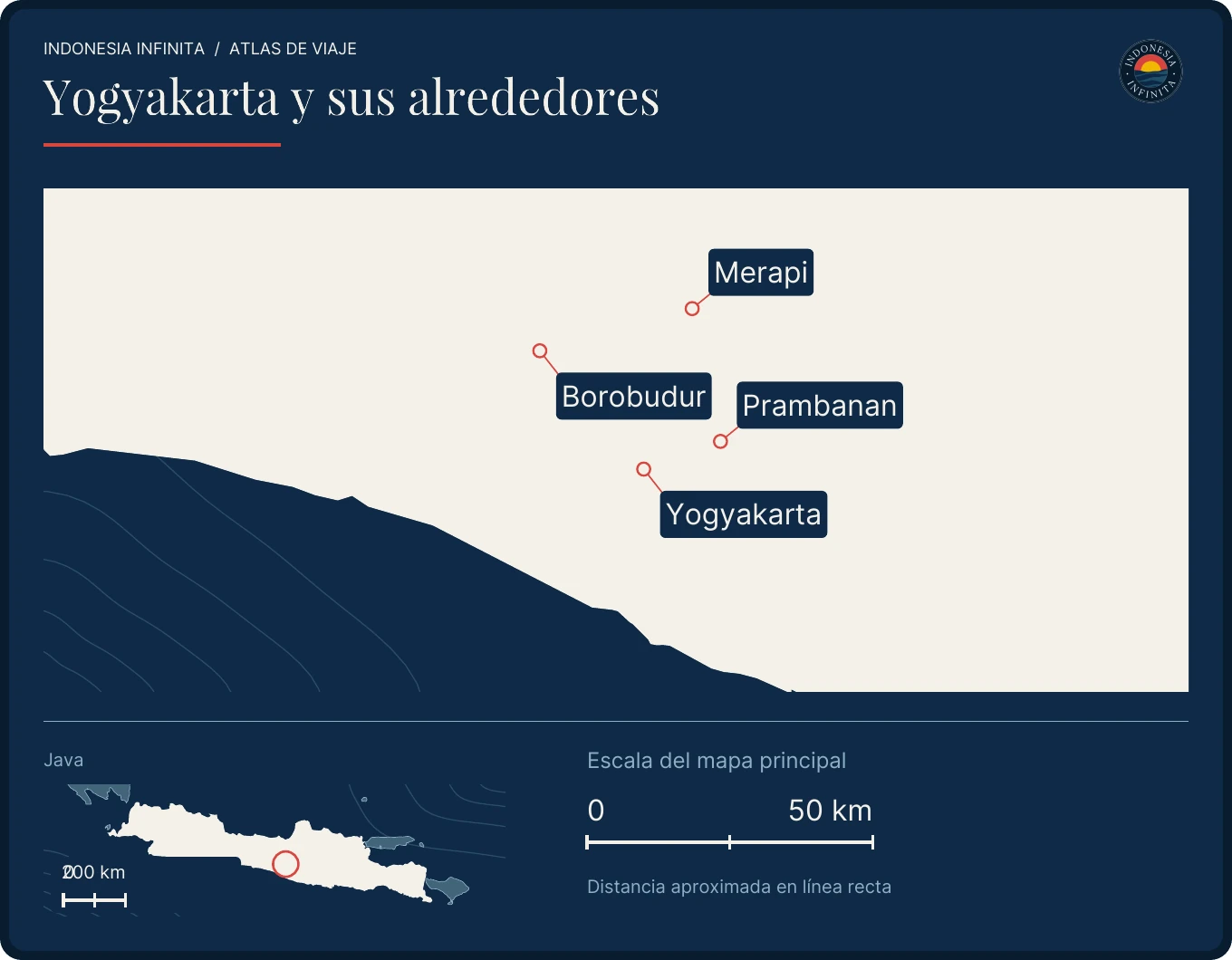 Mapa de Yogyakarta y sus alrededores. Yogyakarta, Borobudur, Prambanan, Merapi.